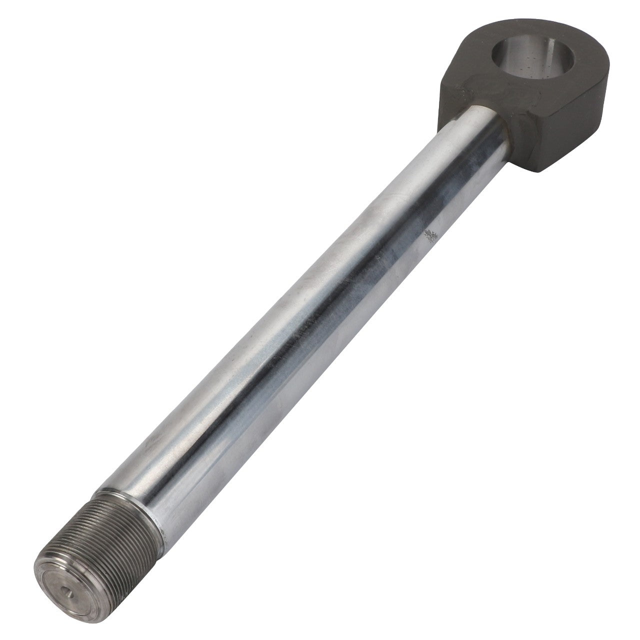 The AGCO | CYLINDER ROD - F716861030010 is a critical mechanical part, characterized by a looped end and a threaded opposite end.