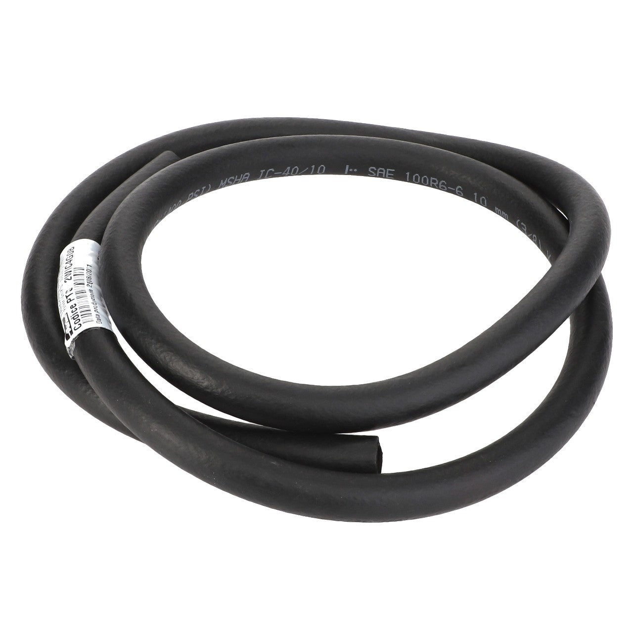 A coiled black AGCO rubber hydraulic hose, model Acw0515700, with a barcode label attached for easy inventory management.