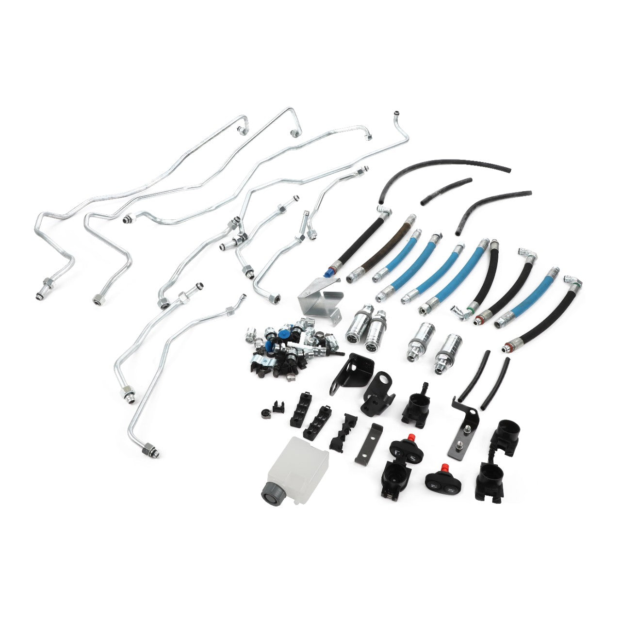 A meticulously arranged assortment from AGCO, featuring the Coupler Kit - Acp0624240 including metal pipes, hoses, fittings, and brackets displayed on a pristine white background.