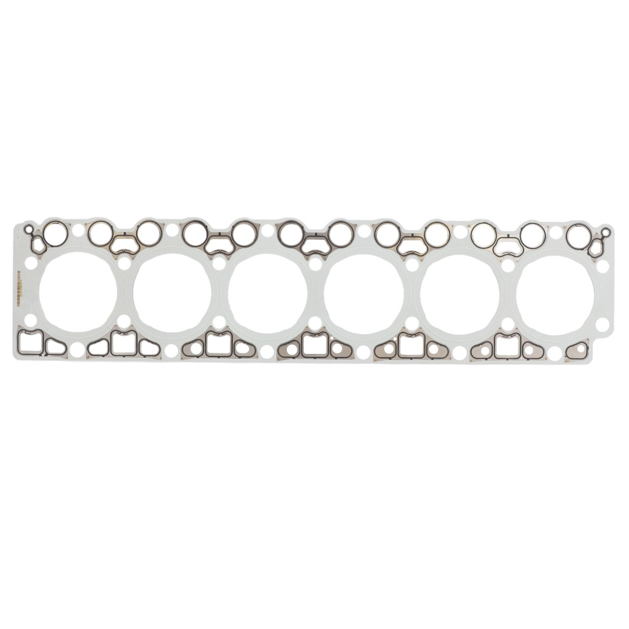 Image of an AGCO Cylinder Head Gasket (F934201210500) with six circular openings, designed to fit between engine parts to prevent leaks and ensure proper sealing.