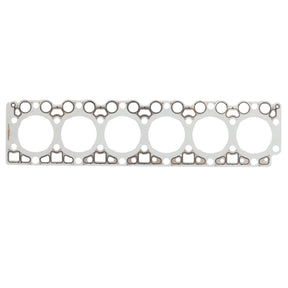 Image of an AGCO Cylinder Head Gasket (F934201210500) with six circular openings, designed to fit between engine parts to prevent leaks and ensure proper sealing.