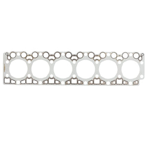 Image of an AGCO Cylinder Head Gasket (F934201210500) with six circular openings, designed to fit between engine parts to prevent leaks and ensure proper sealing.