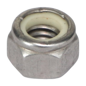 Close-up of the AGCO | HEX NUT - AG712859, a metal lock nut with a nylon insert commonly used to prevent loosening under vibration. No current product description information is available.