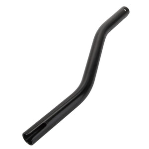 The AGCO | Lever - 4389273M2 by AGCO is a sleek, black, curved cylindrical metal pipe featuring a discrete small hole near one end and larger openings on both ends.