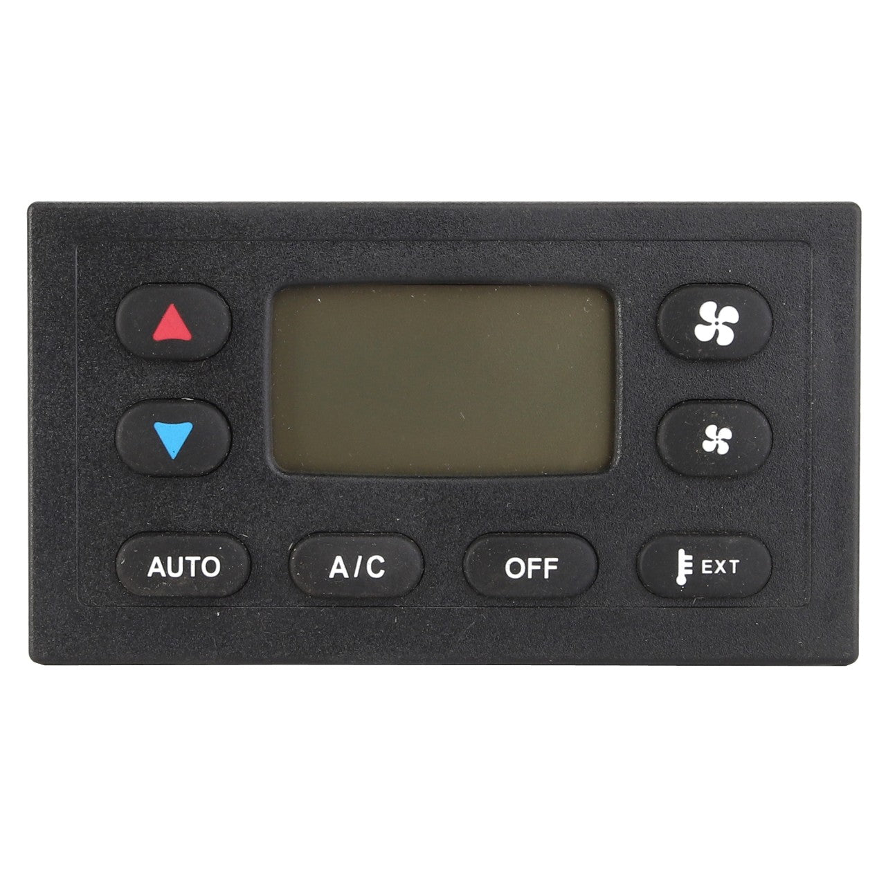 The AGCO Control Panel Air Conditioner (model D28782955) by AGCO is a black rectangular electronic control panel featuring a small display screen and seven buttons labeled AUTO, A/C, OFF, EXT, along with symbols for fan speed and temperature adjustment. Currently, no additional product description information is available for this device.