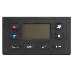 The AGCO Control Panel Air Conditioner (model D28782955) by AGCO is a black rectangular electronic control panel featuring a small display screen and seven buttons labeled AUTO, A/C, OFF, EXT, along with symbols for fan speed and temperature adjustment. Currently, no additional product description information is available for this device.