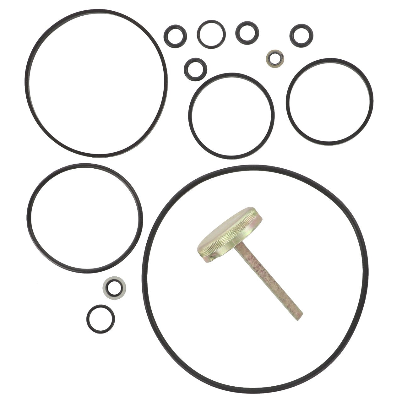 Displayed are various sizes of black O-rings and a metallic threaded rod with a circular flat head—components ideally suited for maintaining machinery like the Massey Ferguson MF 340 4WD. This is part of the AGCO Kit - 1810750M92 by AGCO.