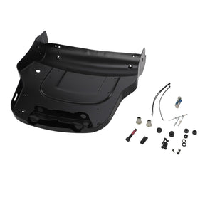 No current product description available for the AGCO seat mounting kit with additional hardware components, including screws, bolts, and other fasteners, arranged next to the black mounting panel.