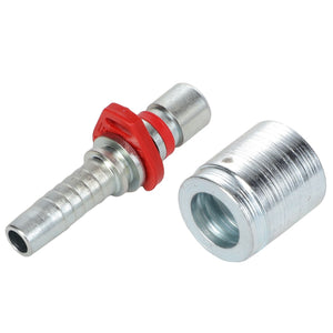 Close-up of a metal hose barb fitting and a threaded metallic coupling, designed for secure connection in fluid transfer applications, featuring AGCO original parts from the KIT,HOSE FITTING - AL4500380.