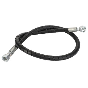 The AGCO Hydraulic Hose - Acw2316580, a resilient black braided hose with durable metal fittings on each end, is neatly coiled in a circular shape and displayed on a pristine white background.