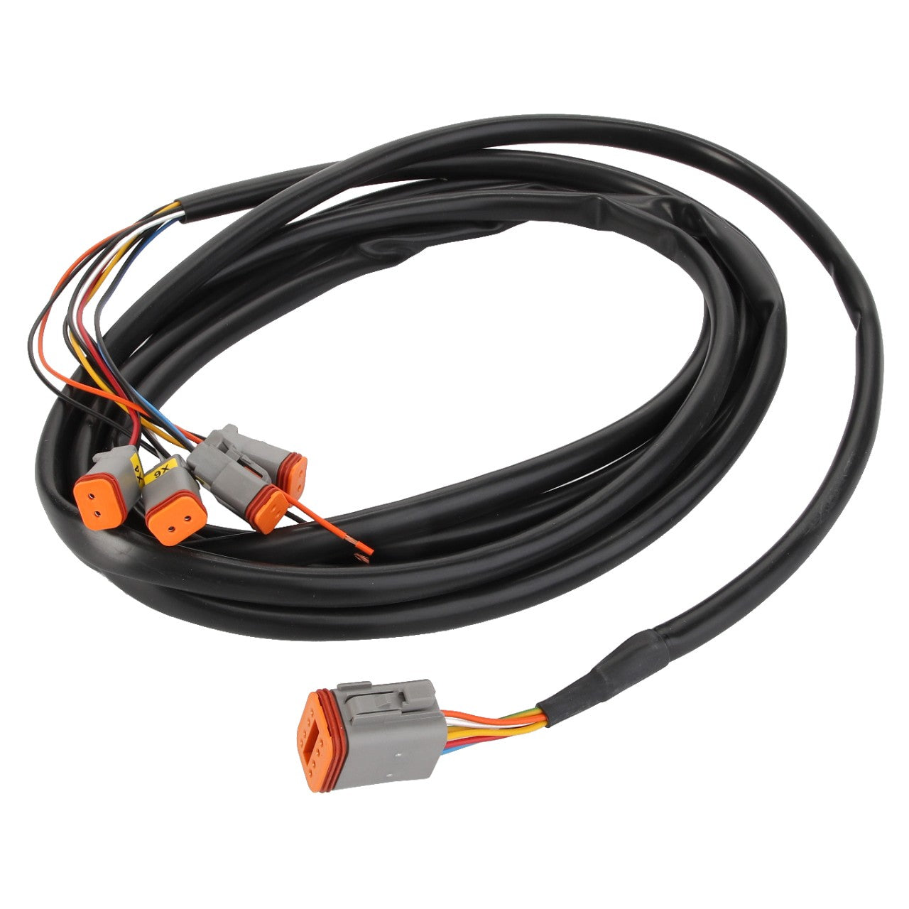 The AGCO | Cable - Acp0295650 by AGCO is a coiled black cable featuring multiple connectors including orange and gray plastic connectors, with exposed multi-colored wires at one end.