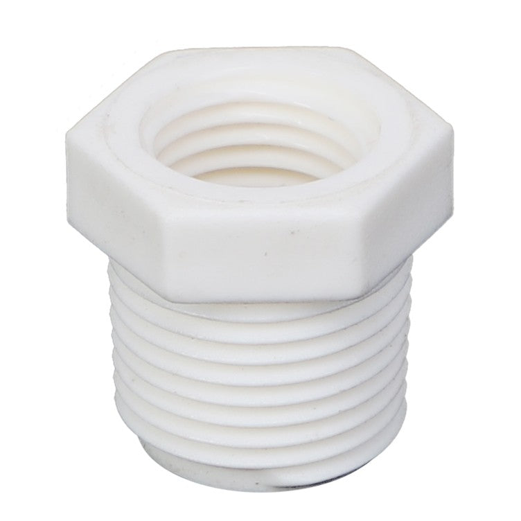 Introducing the AGCO | HEX BUSHING - AG561484, a high-quality white plastic hex bushing with threaded ends from the trusted brand AGCO.