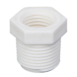 Introducing the AGCO | HEX BUSHING - AG561484, a high-quality white plastic hex bushing with threaded ends from the trusted brand AGCO.