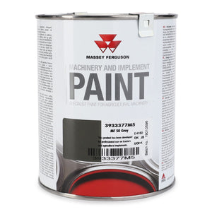 A 1-liter can of AGCO's Mf New Grey (MF 50 Grey) enamel paint, specially formulated for professional use on agricultural machinery and ideal for coating metal surfaces, product code 3933377M5.