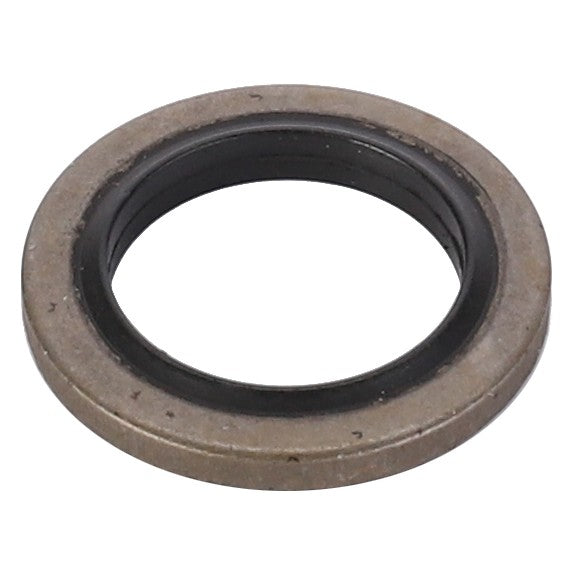 Close-up of the AGCO Gaskets - F339202090230, a metal washer featuring a black rubber inner ring used for sealing or spacing in mechanical assemblies, commonly found in machinery like Massey Ferguson tractors.