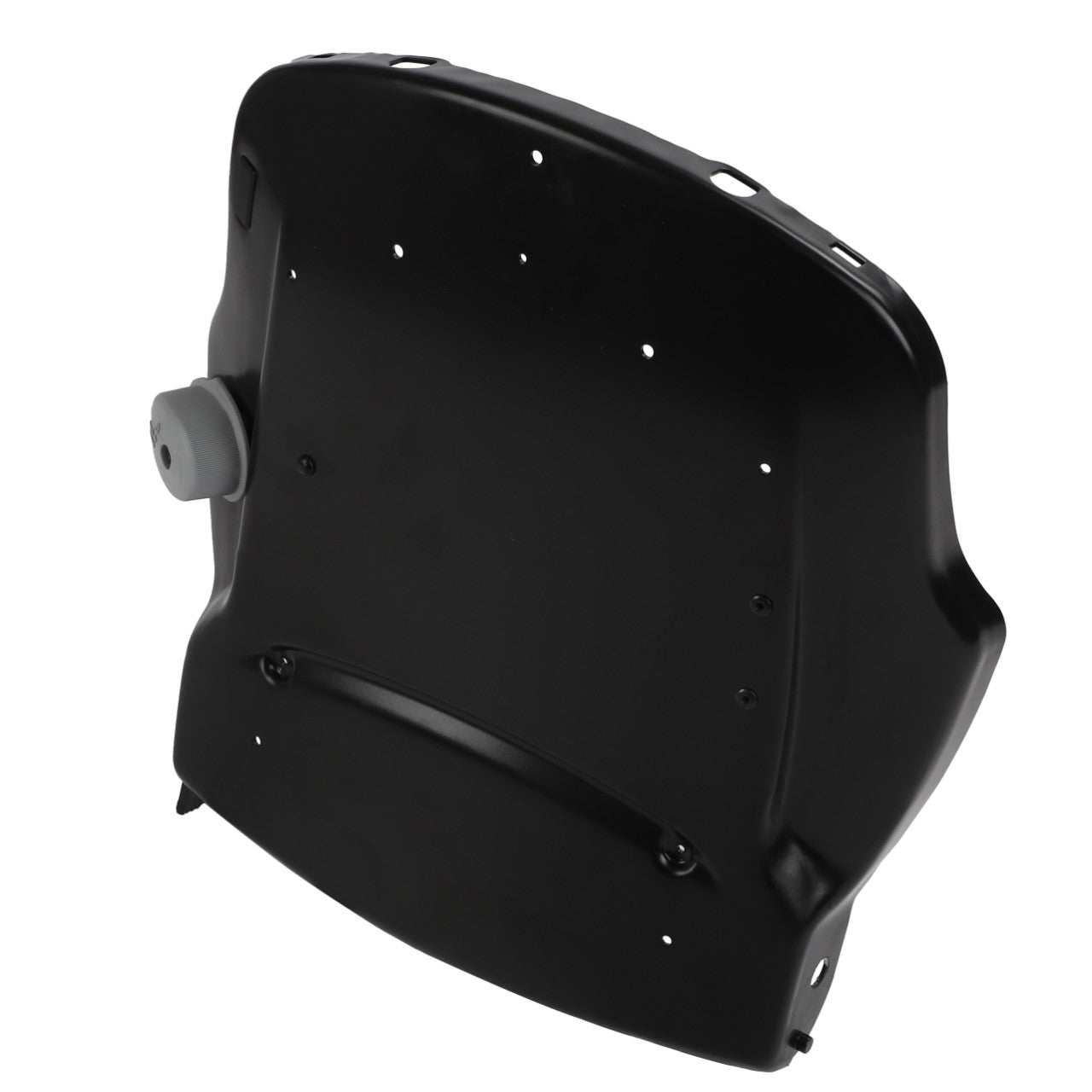 No current product description available for the AGCO | Back Part - F222502033060, a black plastic automotive part featuring multiple small holes and a protruding gray component on the left side.