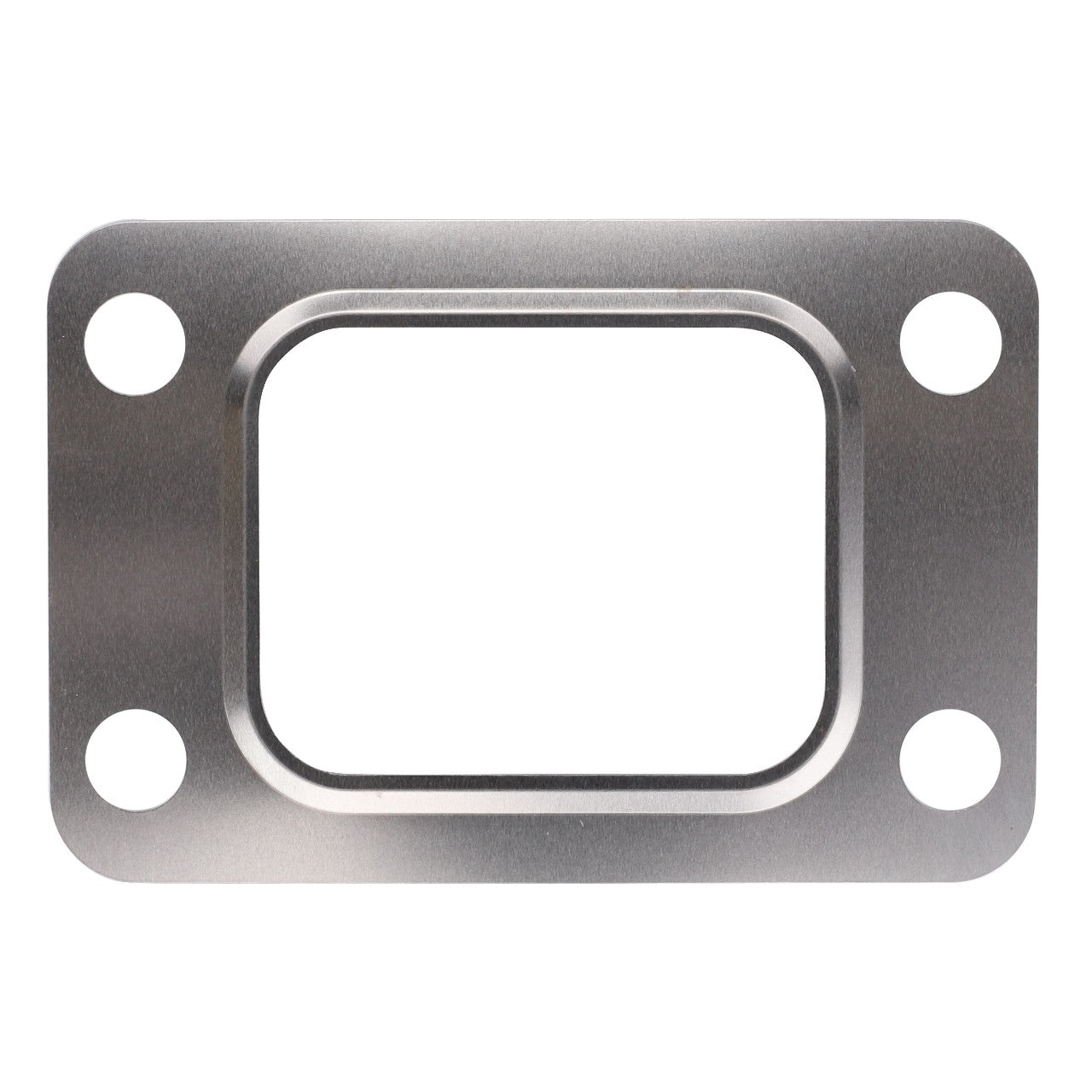 The AGCO SEAL - F716201100020 is a metallic gasket featuring four bolt holes, one at each corner. It has a rectangular cutout in the center to ensure a precise fit. The surface is smooth and shiny, although no additional product description information is currently available.