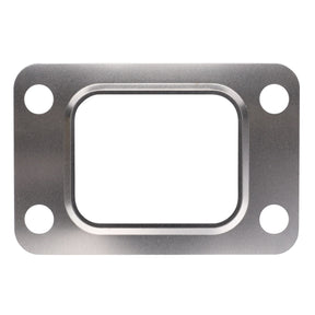 The AGCO SEAL - F716201100020 is a metallic gasket featuring four bolt holes, one at each corner. It has a rectangular cutout in the center to ensure a precise fit. The surface is smooth and shiny, although no additional product description information is currently available.