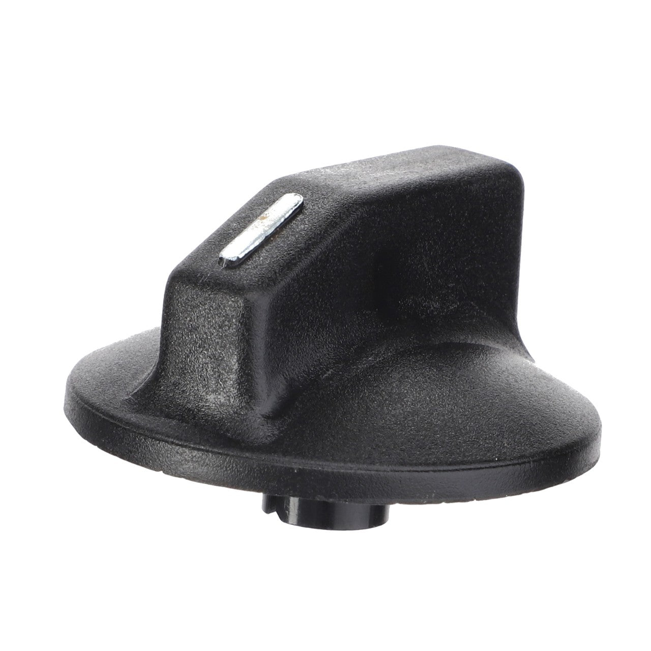 The AGCO Knob - 3807657M1 is a black plastic control knob featuring a reflective metal strip on top, specifically designed for appliances or devices, and is commonly seen on high-end Valtra tractors.