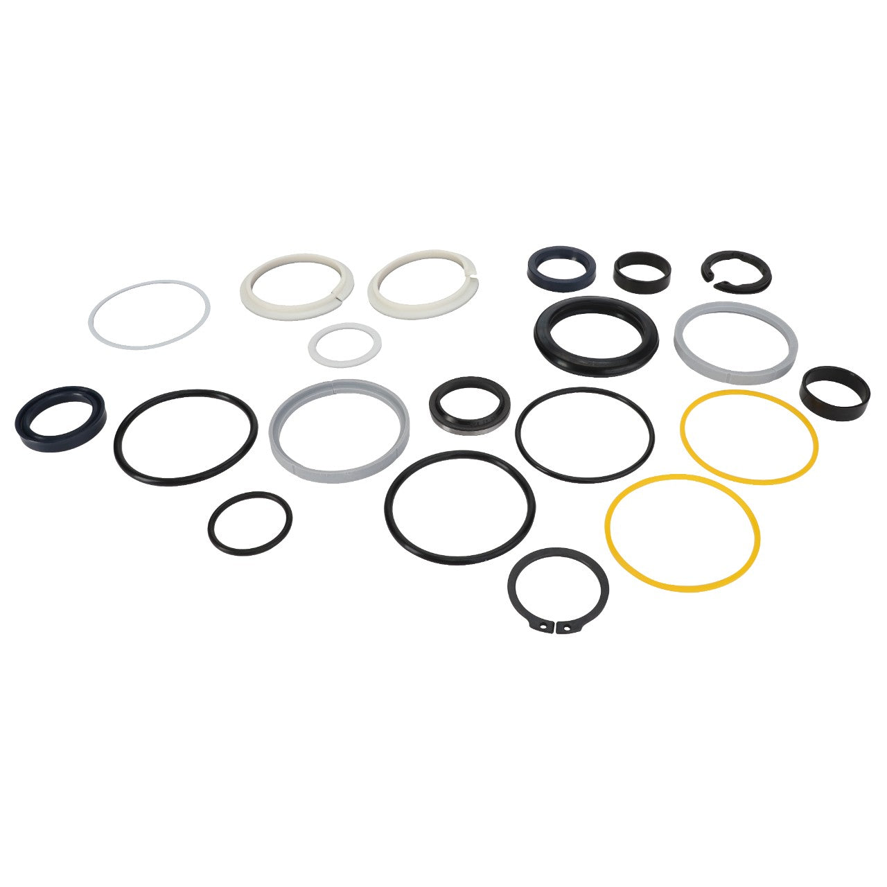 A collection of variously sized and colored rubber and metal rings and washers, precisely arranged on a white background. Introducing the AGCO | GASKET - AL420056 from the renowned brand AGCO.