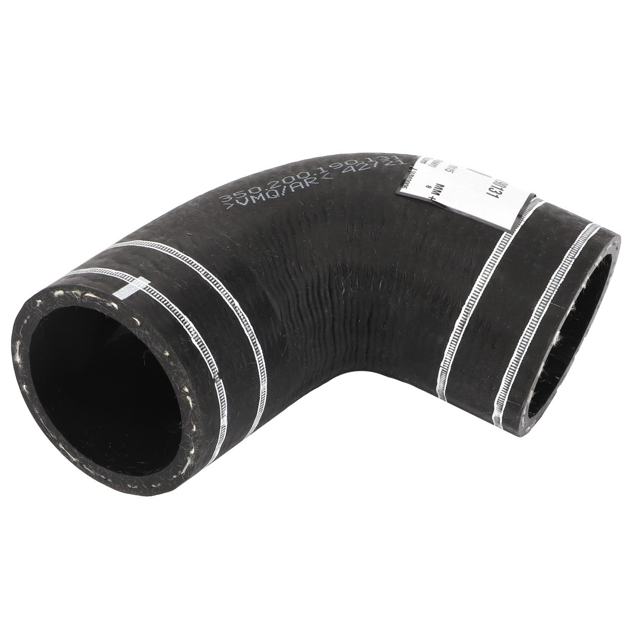 The AGCO Hose Piece - 350200190131 is a black, rubber elbow hose featuring white stripes and text, specifically designed to connect two pipes at a 90-degree angle. No current product description information available.