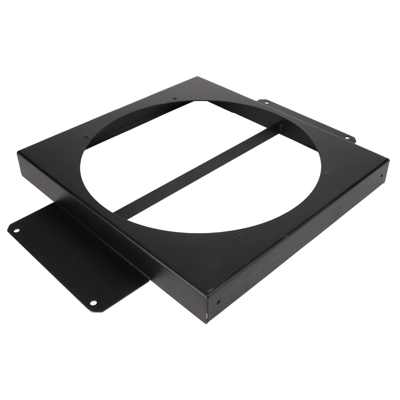 The AGCO | COOLER - AG334293, a black metal mounting bracket from AGCO, is crafted from the highest quality materials and features a central circular cutout along with four holes for screws.