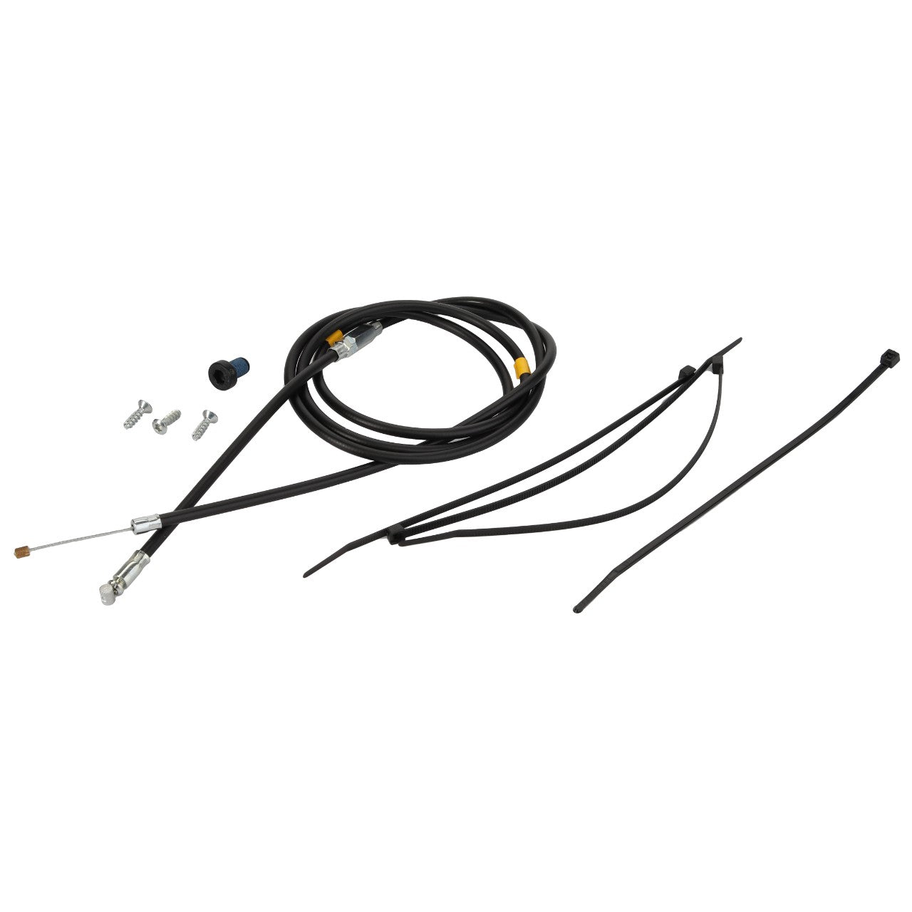 AGCO Bowden Cable, Seat Assembly - F931502030840 is displayed on a white background, featuring black cables with connectors, zip ties, screws, and a small rubber component. No current product description information is available.