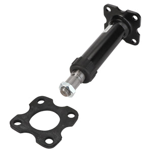 Introducing the AGCO | Steering Column - Acp0250360 by AGCO, this metal propeller shaft assembly boasts a sleek black cylindrical body and a connecting bolt, complete with a detached mounting plate for versatile installation.