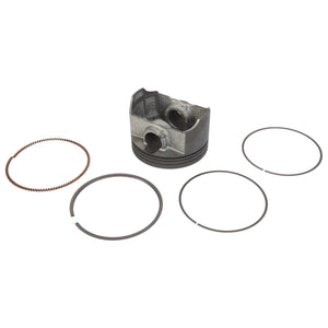 The AGCO Piston - ATV3436-015, along with four high-quality piston rings including an oil control ring, are showcased on a white background for optimal combustion performance.