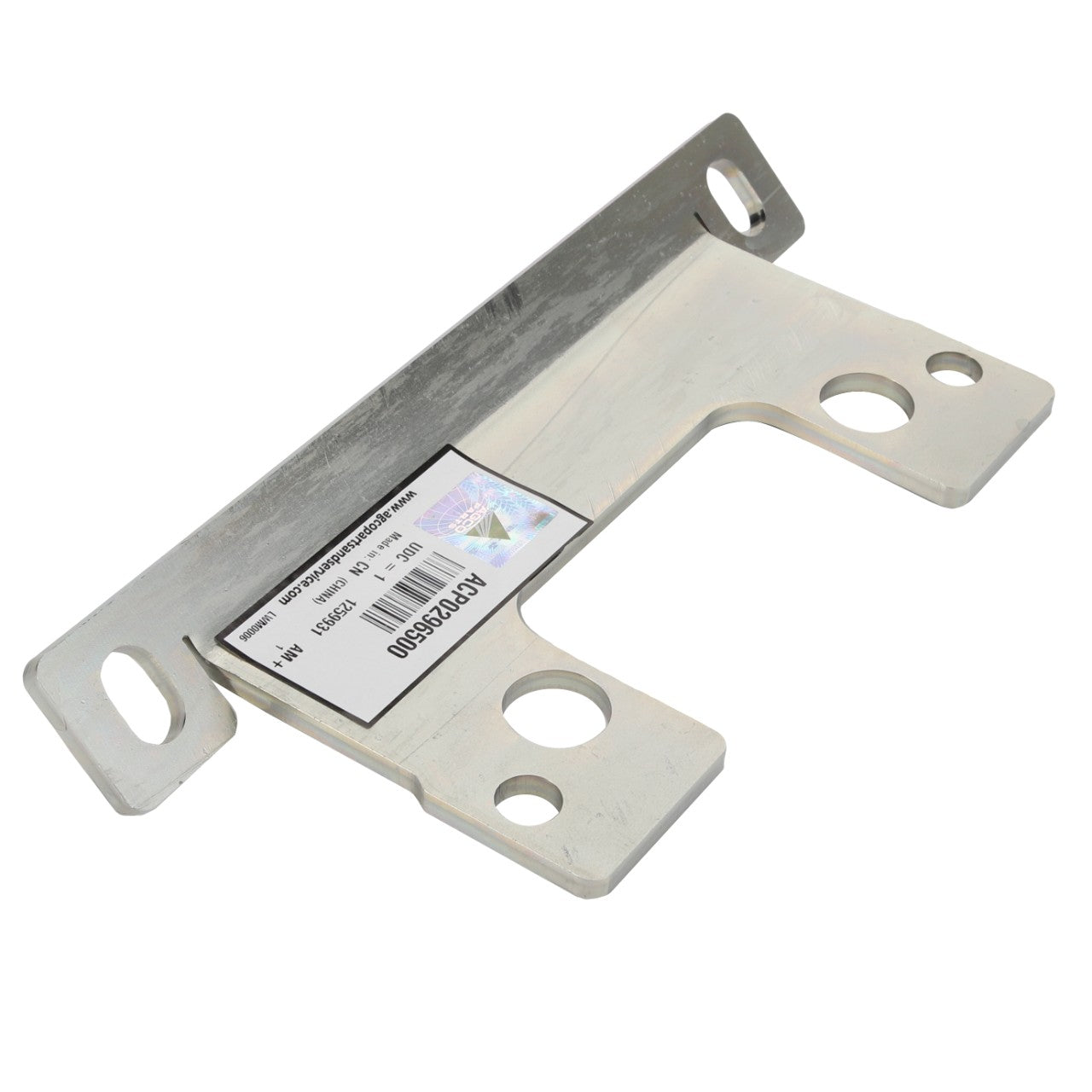 The AGCO | Bracket - Acp0296500 by AGCO is a metal mounting bracket featuring holes for screws and a rectangular label, designed for structural support or attachment purposes.