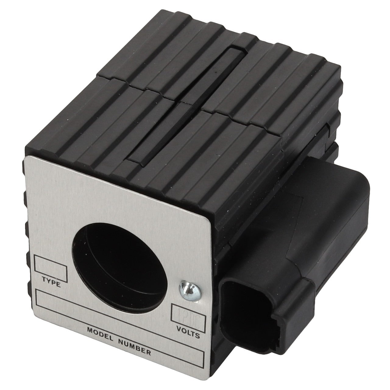 The AGCO Solenoid - D46150504 is a rectangular black and silver electrical connector that has labeled sections for type, model number, and voltage. At present, no additional product description information is available for this item.