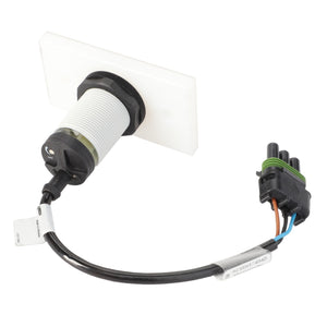 A white cylindrical sensor with a black connector is attached to a multi-colored wire harness and connected to a white mounting plate. This product is the AGCO Switch - Acw6174940 by AGCO. Further product description information is currently not available.