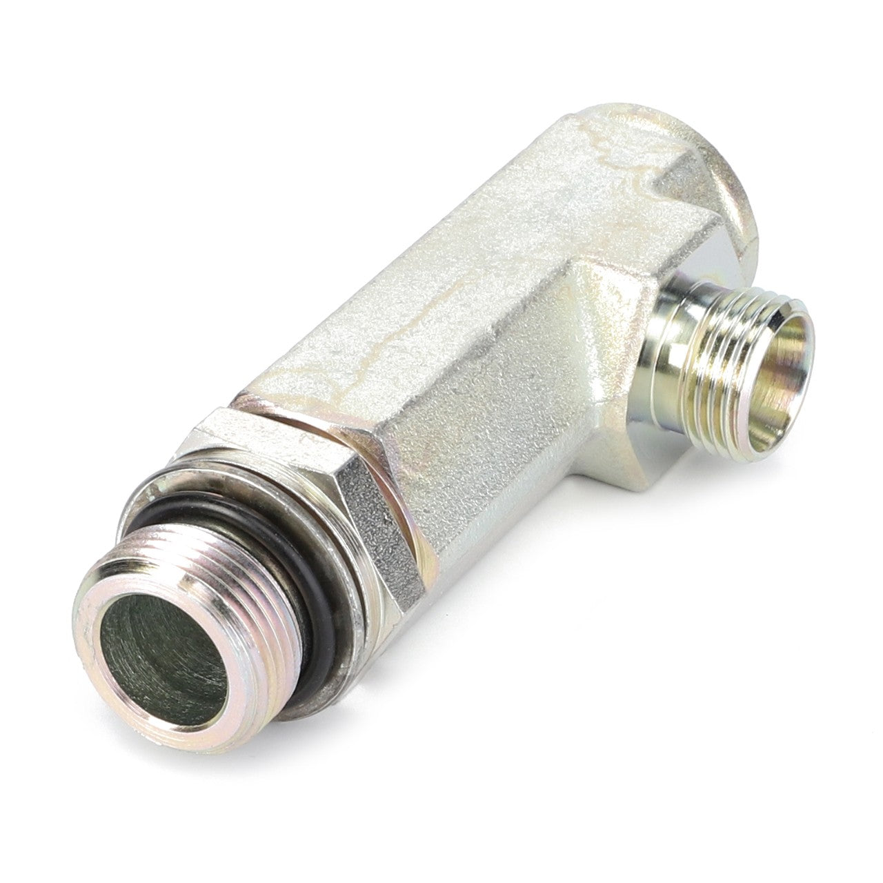 Introducing the AGCO Adapter - 3797818M1 from AGCO: a metallic hydraulic hose fitting designed with an elbow shape and featuring one end threaded along with a smaller threaded side connector, perfectly compatible with Massey Ferguson machines.