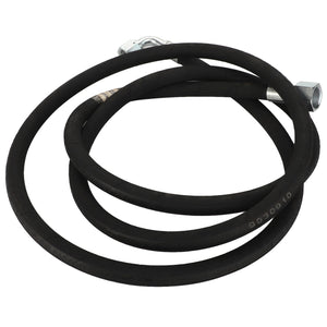 The AGCO | HYDRAULIC HOSE - AL9030910 by AGCO is a coiled black rubber hose featuring metal connectors on both ends.