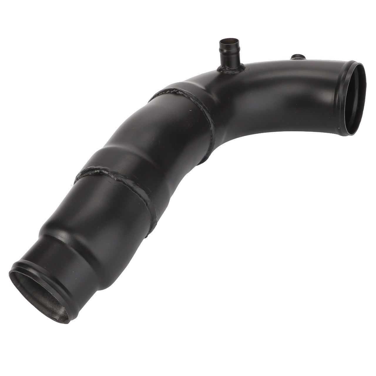 AGCO | Hose - Acw0889390: A black curved metal pipe with welded joints and a small protruding port, presumably for use in an automotive or machinery exhaust or ventilation system. Currently, there is no detailed product description available.