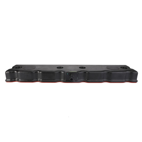 AGCO automotive valve cover in black, featuring a red gasket and multiple bolt or spark plug access holes on top, compatible with Massey Ferguson models. Product Name: AGCO | Cover - 4224603M1.