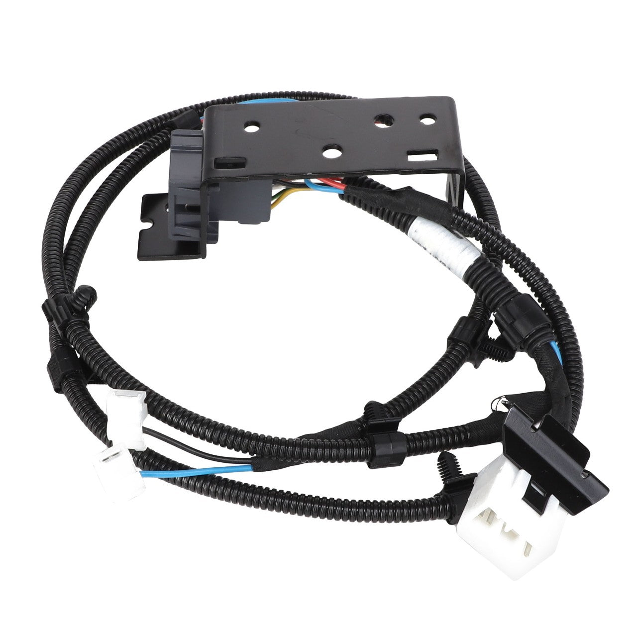 Close-up of the AGCO Wire Harness - F339500030260 in black, featuring multiple connectors attached, positioned against a plain white background. No current product description available.