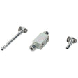 The AGCO | Lock Valve - Acp0372080 is a three-piece metal hydraulic T-connector assembly, featuring two angled fittings and a central rectangular block with precision threaded holes.