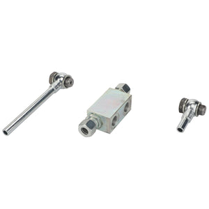 The AGCO | Lock Valve - Acp0372080 is a three-piece metal hydraulic T-connector assembly, featuring two angled fittings and a central rectangular block with precision threaded holes.