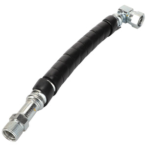 The AGCO Hose - Acw143673A is a versatile, black hydraulic hose equipped with metal fittings on both ends, designed for efficient fluid transfer in machinery.