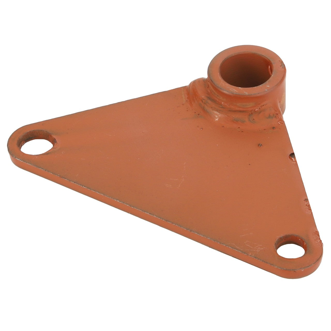 The AGCO Rocker Arm - La322079450 features an orange metal triangular bracket with a central raised cylindrical attachment and holes at each corner.