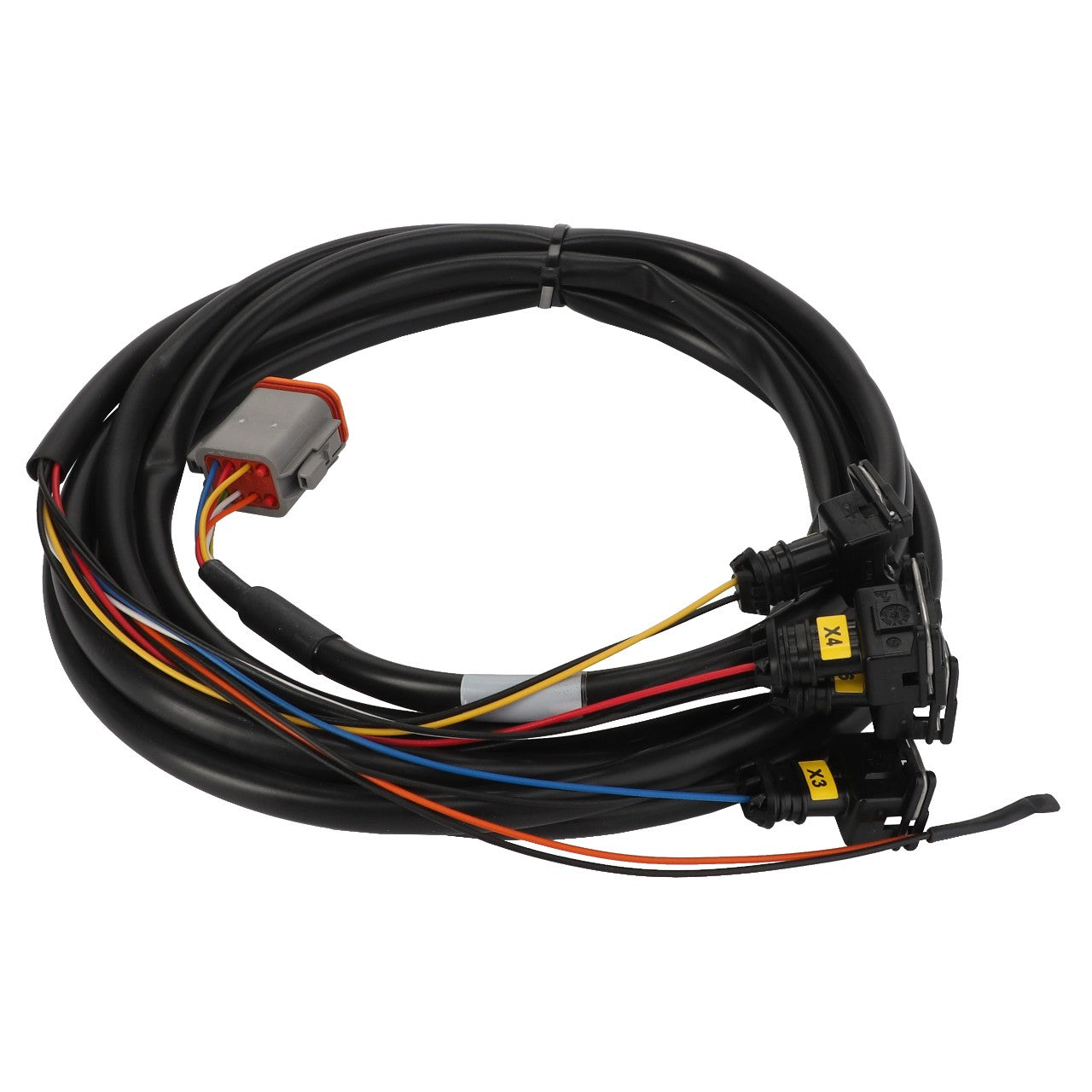 A coiled wiring harness, branded AGCO, featuring multiple colored wires terminating in connectors, including a silver-gray connector with an orange edge. This product is identified as AGCO | HARNESS - AL5102201. No current product description information is available.