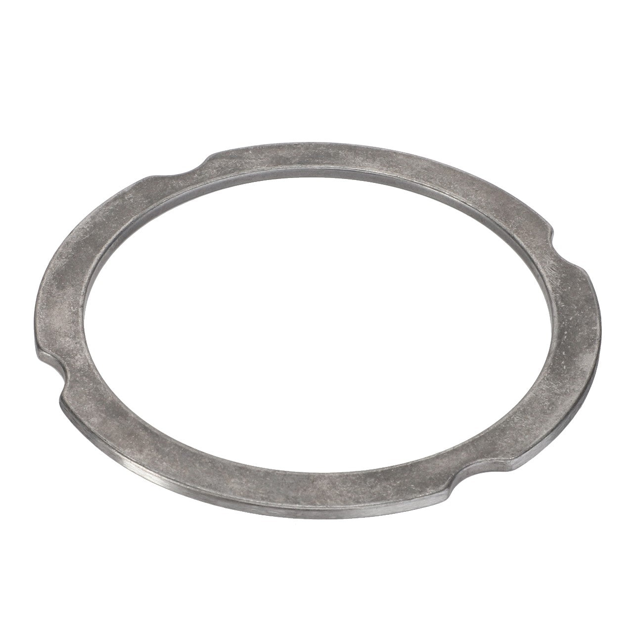 The AGCO Compensating Ring - F007200210220 is a round metallic washer featuring a flat surface and two small notches on the inner edge.