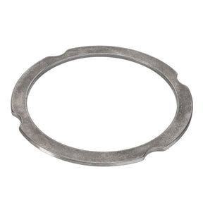 The AGCO Compensating Ring - F007200210220 is a round metallic washer featuring a flat surface and two small notches on the inner edge.