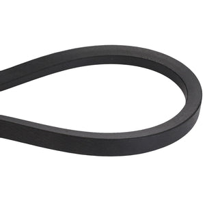 Close-up of the AGCO V Belt - D41987800 in a loop shape against a white background, highlighting its smooth, flat black rubber surface.