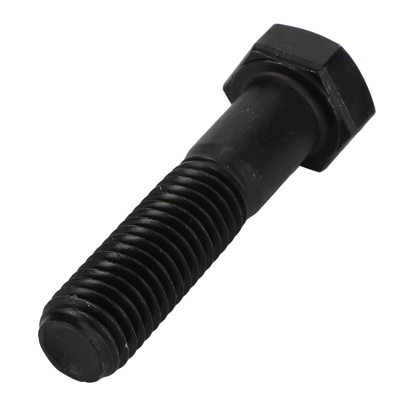 Close-up of the AGCO Hexagonal Head Bolt - Acx3105370, featuring a black metal finish with a hexagonal head and threaded body, meticulously captured against a plain white background.