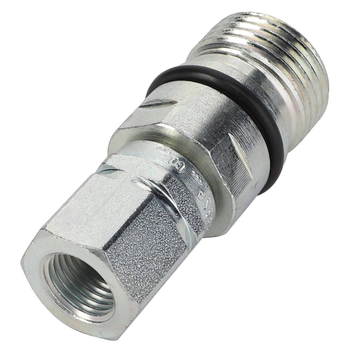 Close-up of the AGCO UNION - D45138800, a metallic hexagonal fitting with threaded ends and an O-ring. The fitting is designed for connecting pipes or hoses. No current product description information is available.