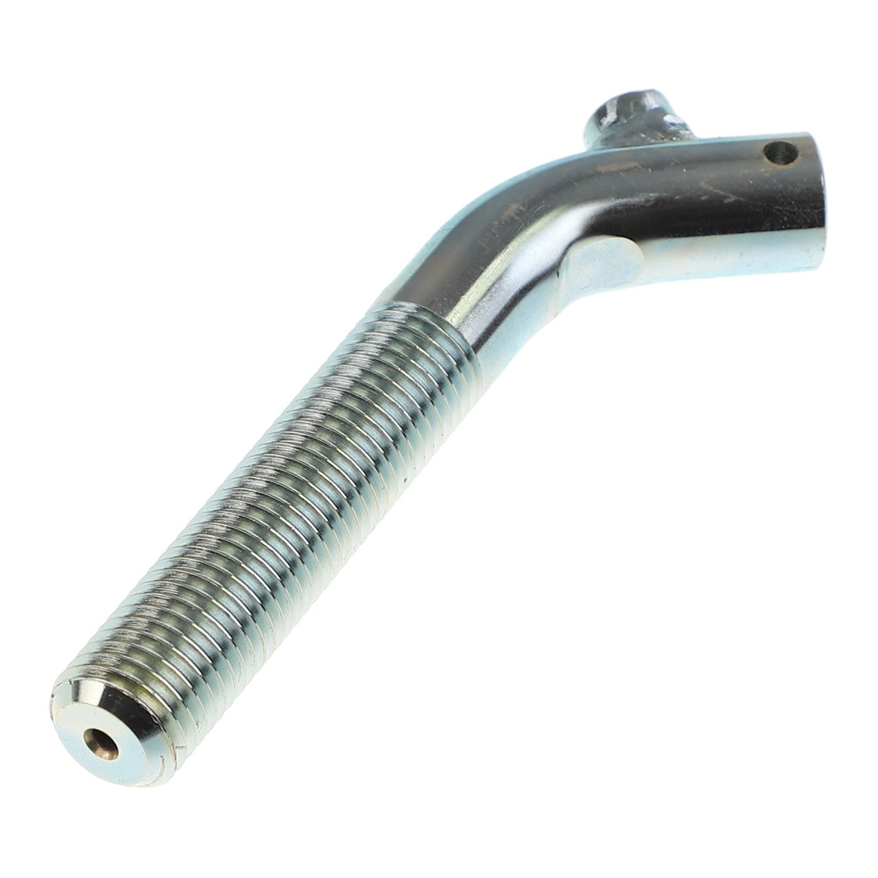 The AGCO ADJUSTING SCREW - AL261141 is a metallic, threaded rod featuring a bent upper section and a small hole near the top for various applications.