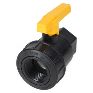 An AGCO | Ball Valve - Ag050208, a black polypropylene ball valve with a yellow handle, proudly labeled "Made in USA.