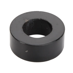 The AGCO | BUSH - AG120283 by AGCO is a black, cylindrical metal washer with a central hole used typically as a spacer or to provide a bearing surface in mechanical applications.